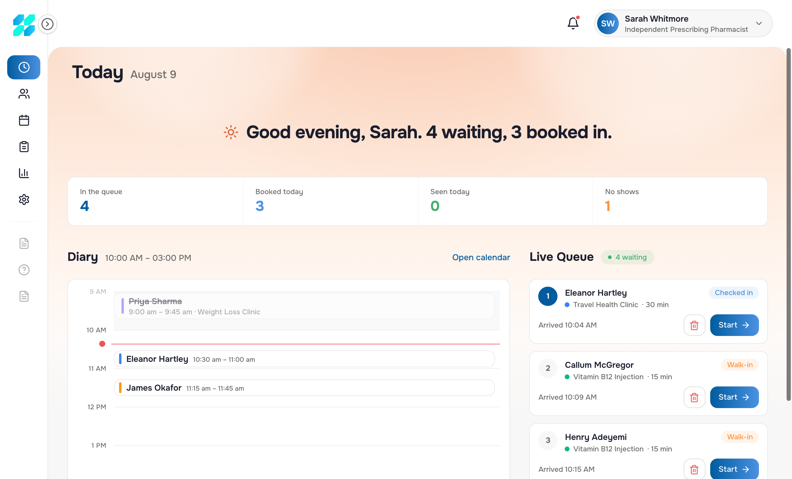 Practitioner portal Today view for Sarah Whitmore, with live queue and diary